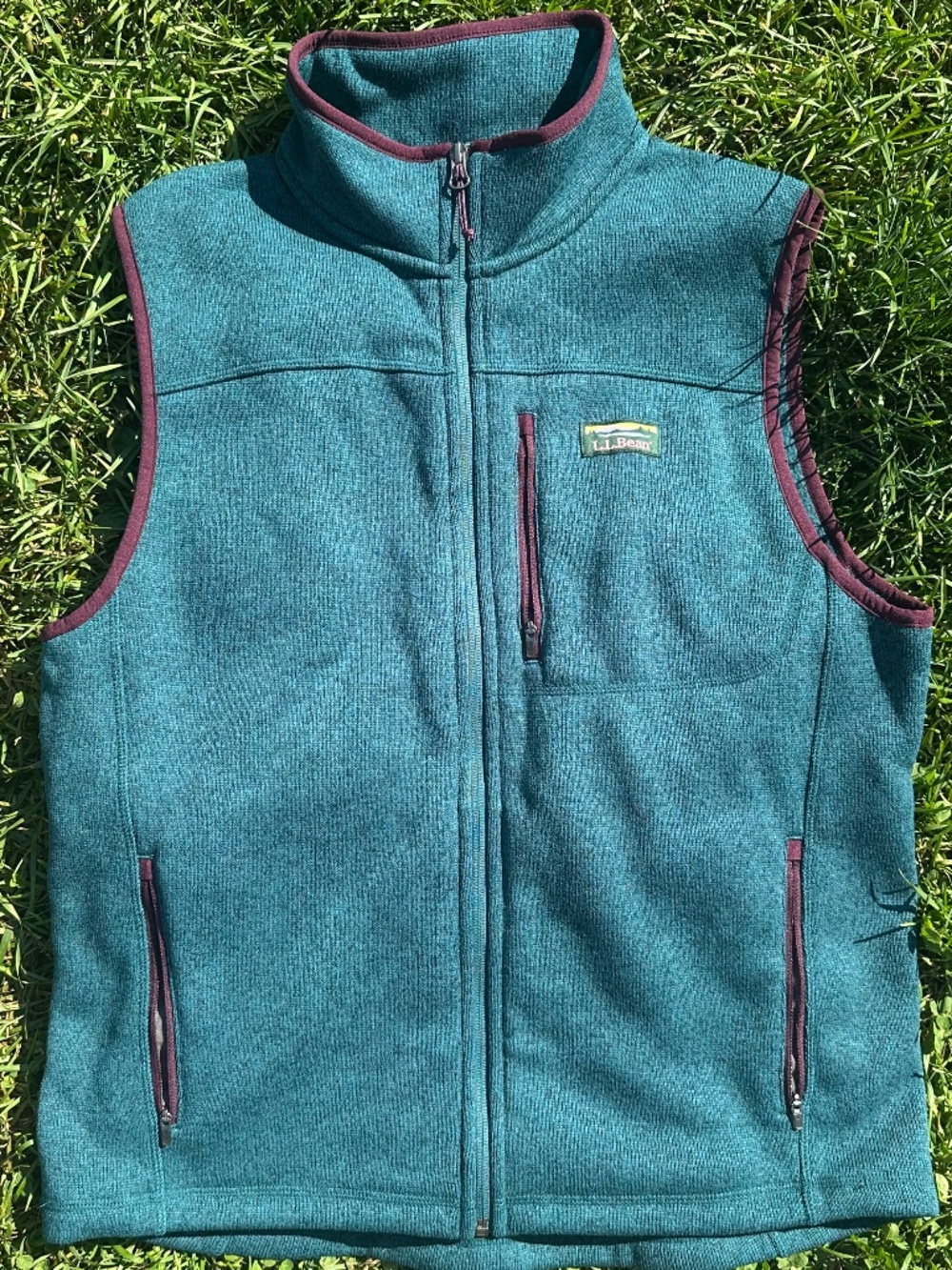 L.L.Bean Men’s M Teal Sweater Fleece Vest Burgundy Trim Gorpcore Granola